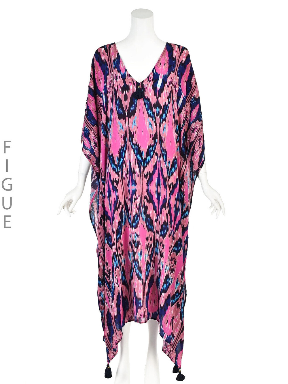 FIGUE Pink and Blue Ikat Midi V-Neck Kaftan Dress with Tassels, SZ M/L NWOT